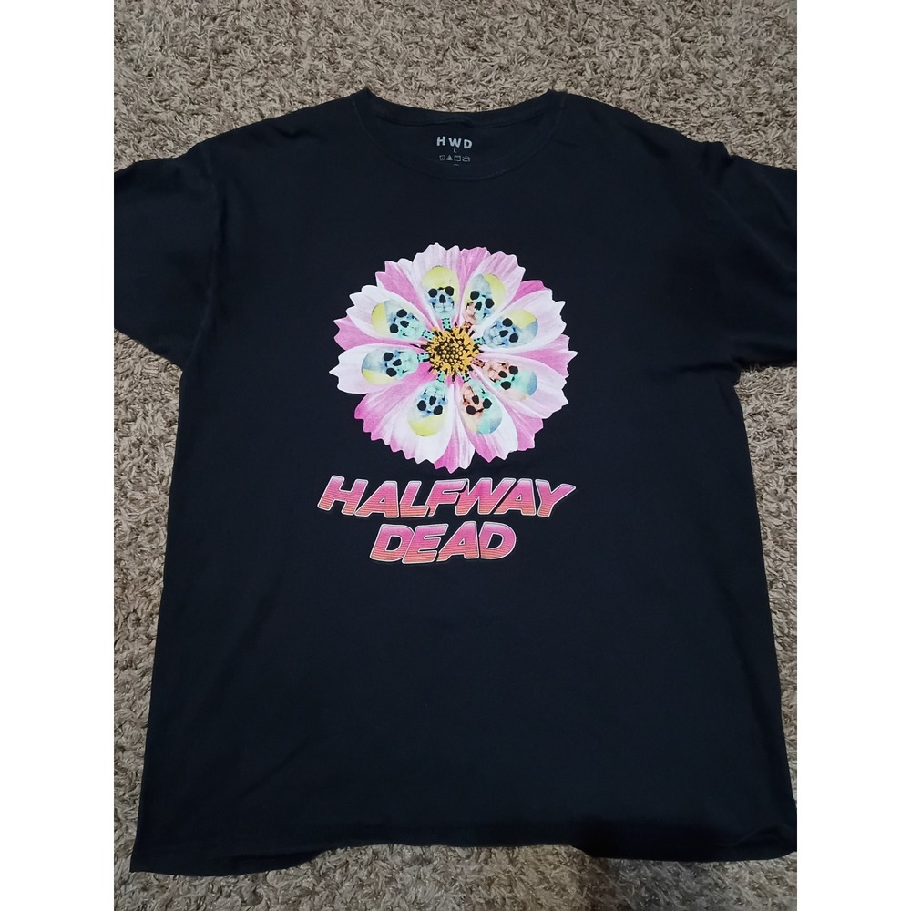 Halfway Dead Mens Graphic T-Shirt Black Floral Skull Print HWD Tee Size L
